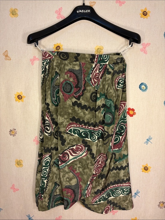 Jaeger Dresses & Skirts - Vintage Jaeger - Printed Olive Wrap Green Midi Skirt with Abstract